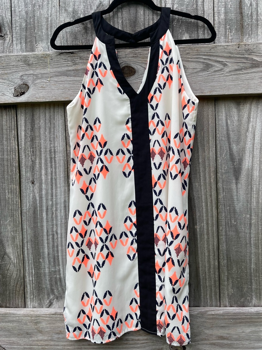 Pink Owl Cream Geo-Print Sleeveless Shift Dress with Black Trim